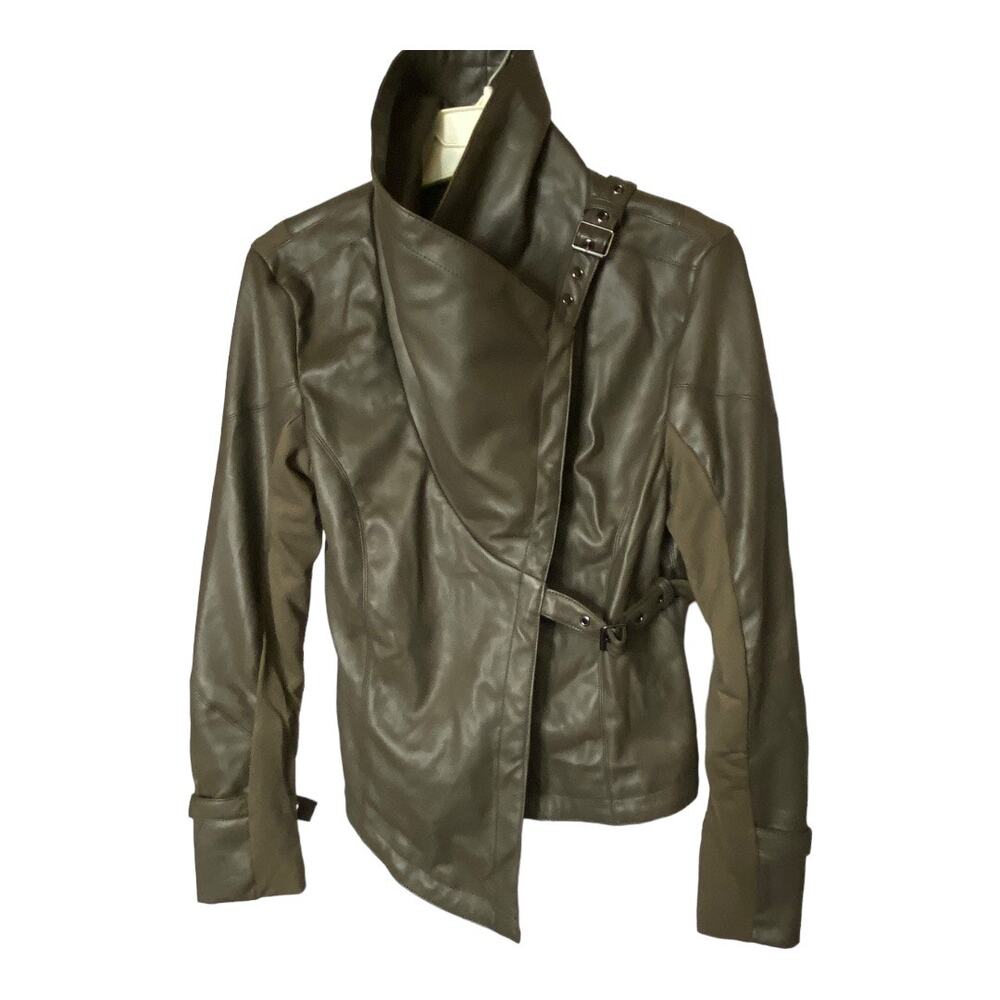 Ookie & Lala Women's Size XS Chic Faux Leather Open Front Drape Jacket Olive NWT
